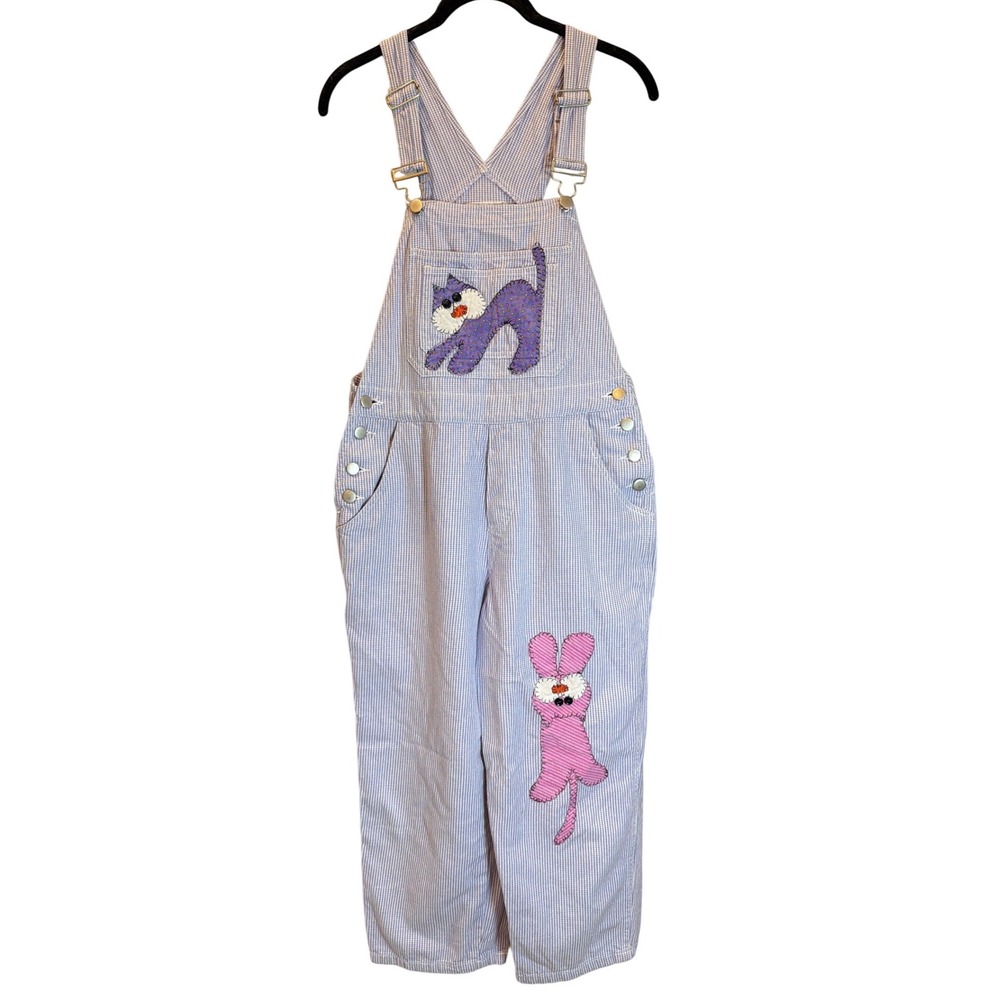 Haiks Vintage Seersucker Overalls Purple White Cat Bunny Applique Cotton Small